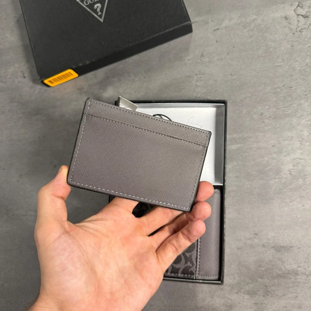 Guess Wallet Set Mens Gray Black Logo Bifold Card Holder Gift Box New Streetwear